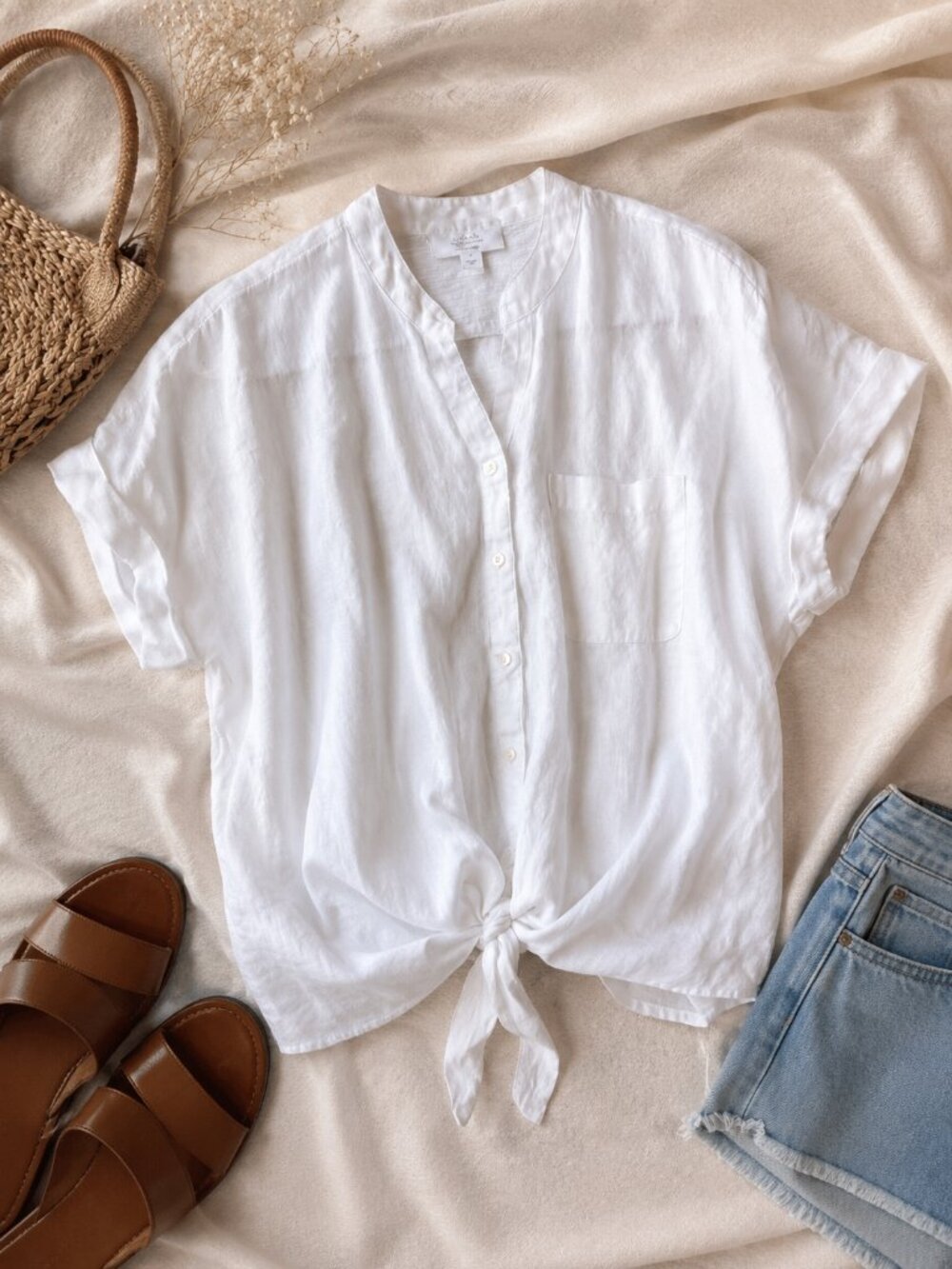 Charter Club Luxury White Linen Tie Front Top | Coastal Grandma Boho Minimalist